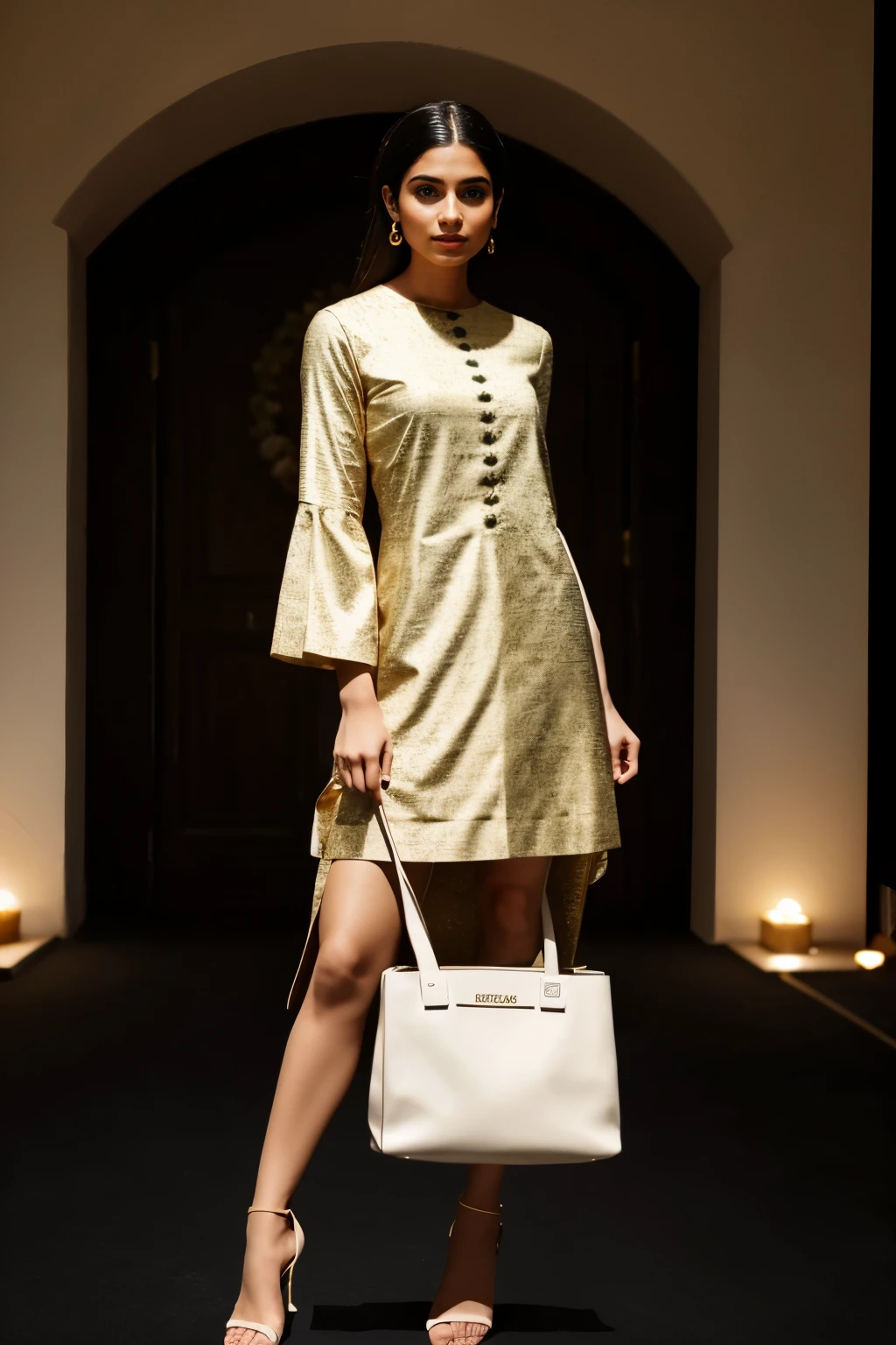 In this cinematic portrait, an elegant Indian model stands poised, dressed in a sophisticated brown kurti with intricate floral patterns. The kurti features a round neckline with a subtle front slit, elbow-length sleeves, and a straight cut that falls just below the knee with side slits for ease of movement. She pairs it with stylish white strappy heels, adding a modern twist to her traditional outfit.
The model's posture is confident and graceful, with one hand resting on her hip and the other holding a chic white tote bag. Her soft smile and engaging eyes create a captivating connection with the viewer. The dark background and expert use of rim lighting highlight her silhouette, while key lights accentuate the rich textures and details of the kurti. The interplay of light and shadow adds depth and dimension, creating a timeless and elegant ambiance. This cinematic lighting effect enhances the model's natural beauty and the sophisticated charm of her attire.