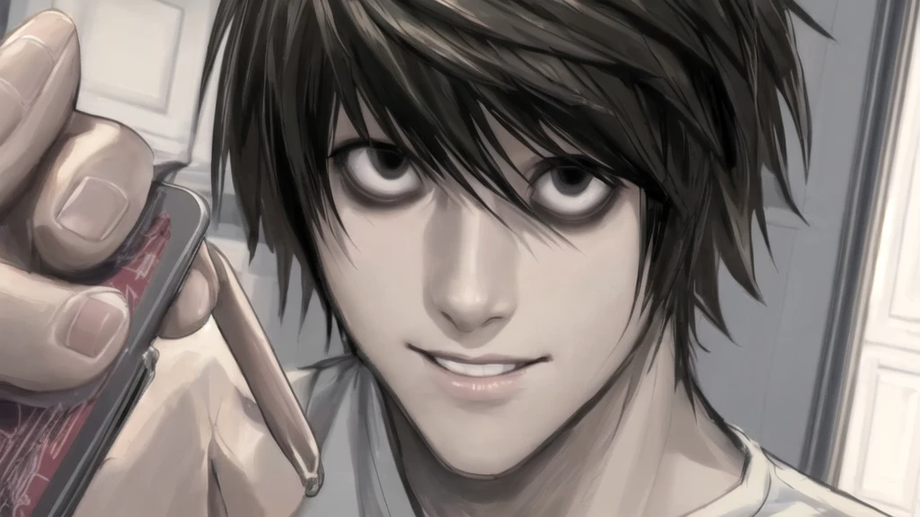 1 boy, man, perfect anatomy, mesmerizing black eyes, 8k resolution, (one person), (realism: 1.2), (masterpiece: 1.2), (cowboy frame: 1.2), dark romantic lighting, (high detail: 1.2), (detailed face: 1.2), (gradients), bright detailed eyes, (natural light: 1.2), solo, indoors, perfect lighting, perfect facial features, perfect angle, perfectly drawn eyes, man, smile, skinny, holds the phone in his hand