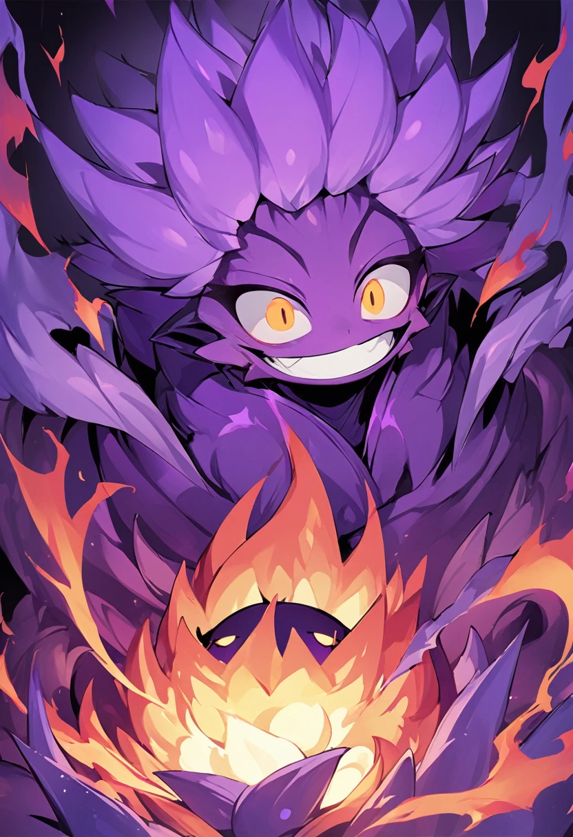 Flamey - cursed spirit of purple flames, devious and mischievous. A little ball of purple flame with two dots as his eyes and spiny smiling mouth, grinning at his own thoughts. He has no physical body and looks like a little ball of flames.