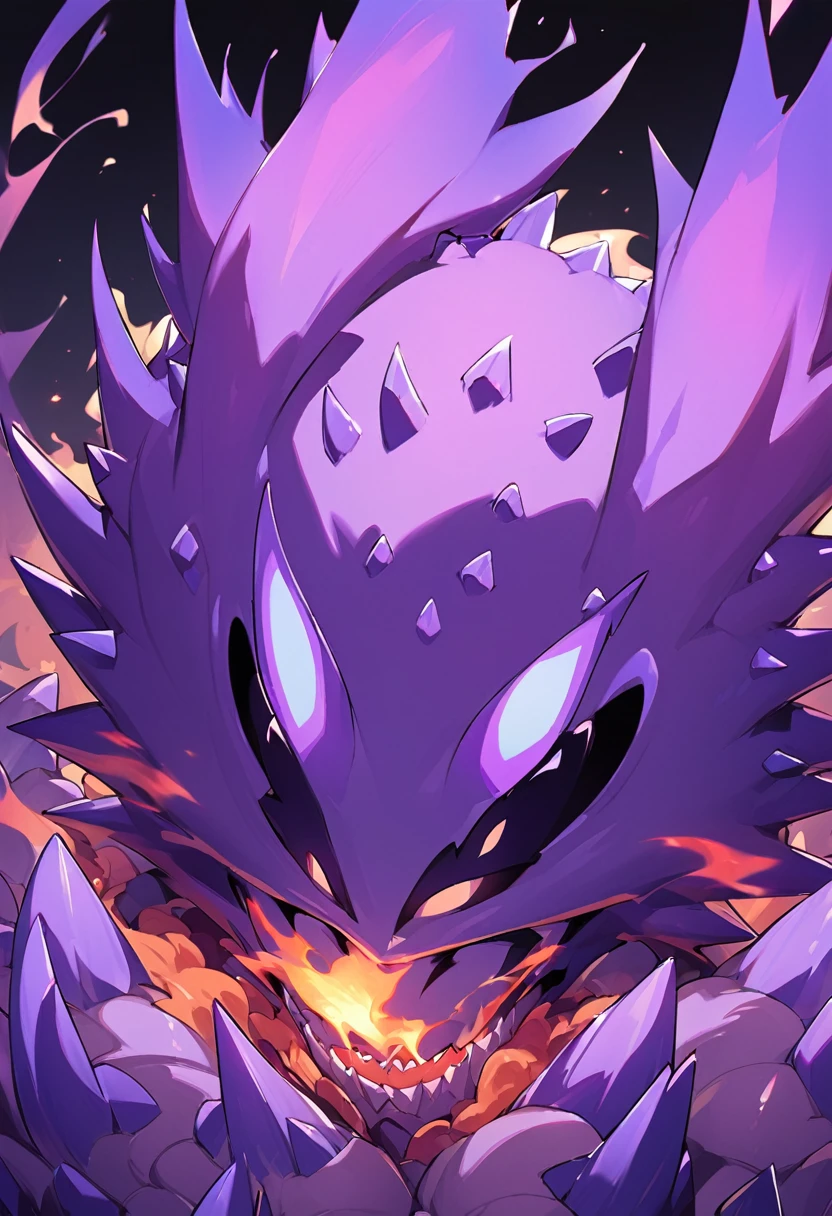 Flamey - cursed spirit of purple flames, devious and mischievous. A little ball of purple flame with two dots as his eyes and spiny smiling mouth, grinning at his own thoughts. He has no physical body and looks like a little ball of flames.