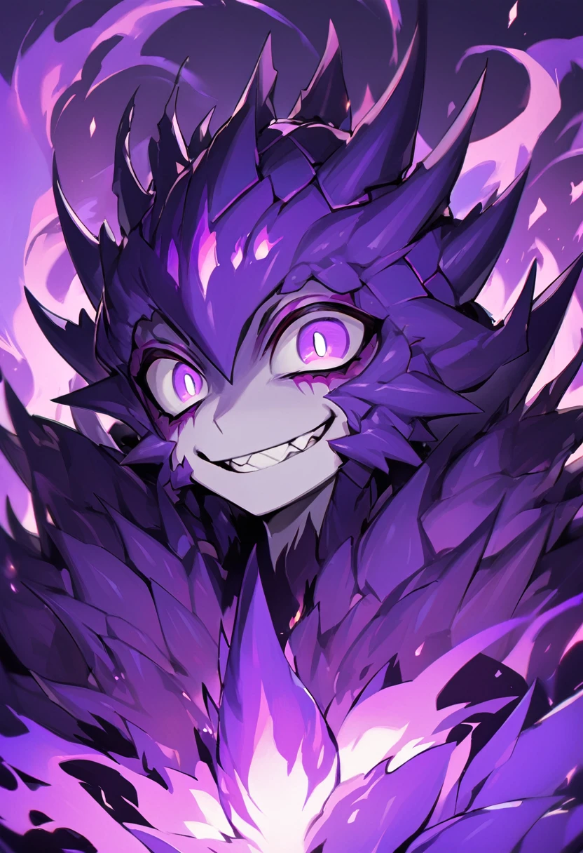 Flamey - cursed spirit of purple flames, devious and mischievous. A little ball of purple flame with two dots as his eyes and spiny smiling mouth, grinning at his own thoughts. He has no physical body and looks like a little ball of flames.