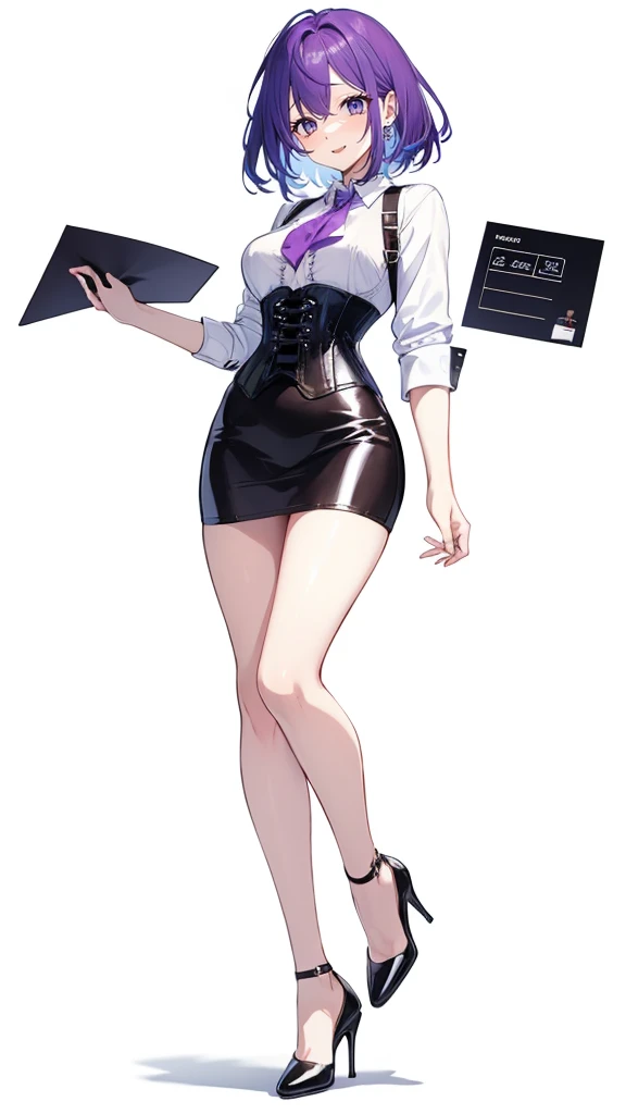 Purple hair,short hair,Adult female,((Rolling up your sleeves shirt)),Open chest,(Corset),(Tight skirt),(high heels),((Simple White background)),Smile,((Full body)),((whole body)),Character Sheet,