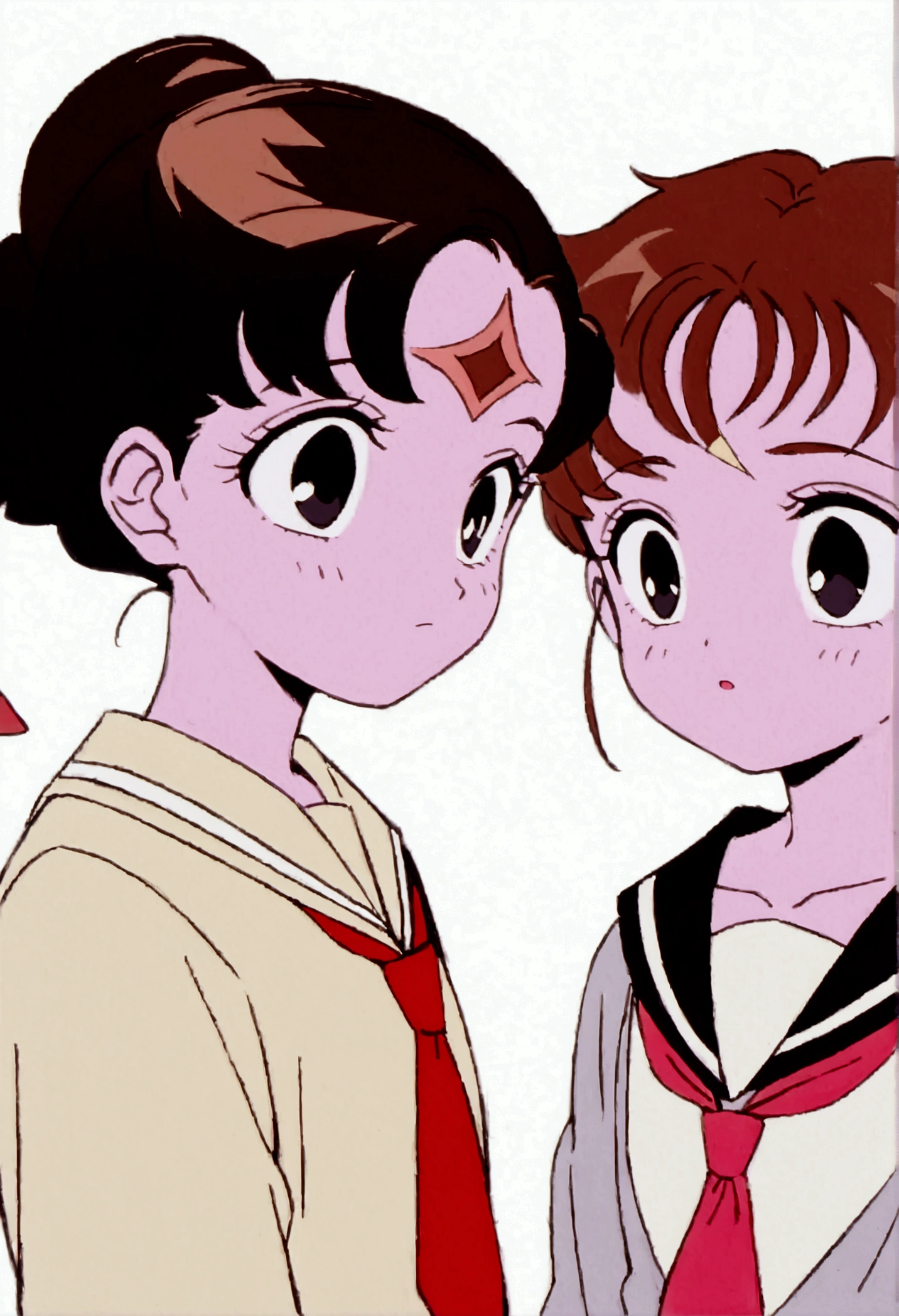 Youma body, pink skin, completely black eyes, little bird wings exclusively on her forehead near her bangs with two small beige mirrored diamond markings next to each other that are between said wings, short brown hair, 1950's girl hairstyle, DD Girl, middle school sailor fuku with red tie.