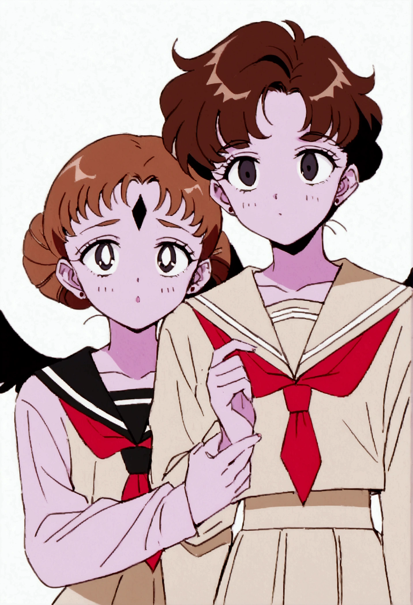 Youma body, pink skin, completely black eyes, little bird wings exclusively on her forehead near her bangs with two small beige mirrored diamond markings next to each other that are between said wings, short brown hair, 1950's girl hairstyle, DD Girl, middle school sailor fuku with red tie.