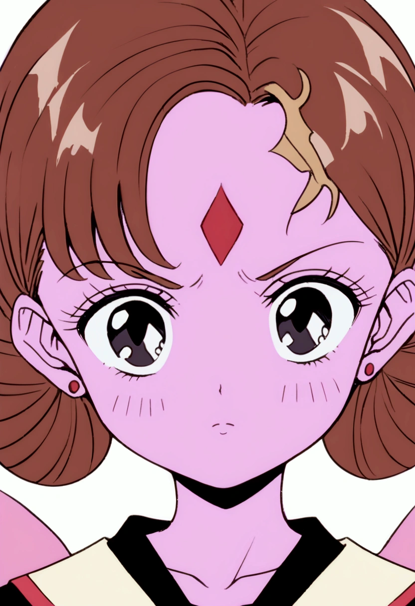 Youma body, pink skin, completely black eyes, little bird wings exclusively on her forehead near her bangs with two small beige mirrored diamond markings next to each other that are between said wings, short brown hair, 1950's girl hairstyle, DD Girl, sailor fuku with red tie.