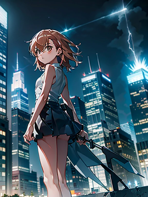 masterpiece, best quality,1girl, solo, ,misaka mikoto, standing,Urban, City,skyscrapers,  Thunder Bolts, Flashing, Glowing,  Dynamic, Dramatic,  Nighttime,  Impressive, 