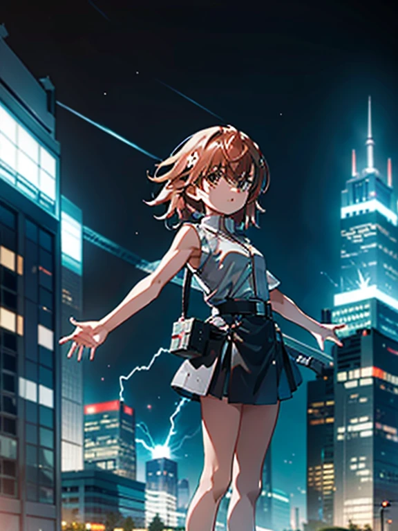 masterpiece, best quality,1girl, solo, ,misaka mikoto, standing,Urban, City,skyscrapers,  Thunder Bolts, Flashing, Glowing,  Dynamic, Dramatic,  Nighttime,  Impressive, 