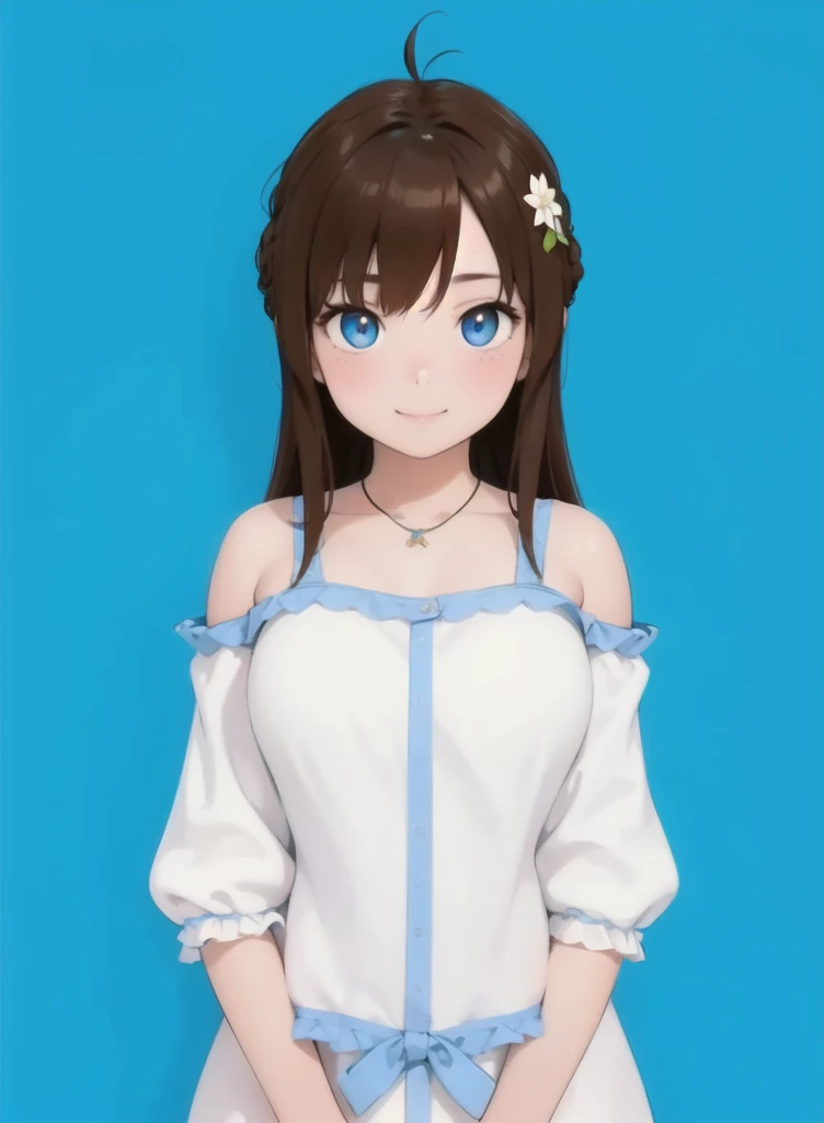 masterpiece, 1 girl, beautiful girl, smile, close up, detailed face, detailed eyes, detailed pupils, round pupils, blue eyes, brown hair, long hair, bangs, equal length bangs, small ahoge, bare shoulders, blush, medium breasts, white dress, frilly dress, looking at viewer, fantasy, european, castle in background, architecture, outdoors, best quality, high res, ultrasharp, high detail, sharp focus, dramatic, beautiful lighting, real life, intricate, caustics, subsurface scattering, reflections, (photorealistic:1.5), (ulzzang-6500:0.5), (RAW photo, 8k uhd, film grain)