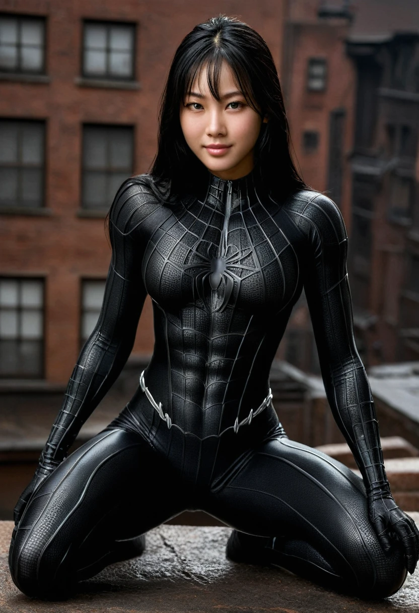 score_9, score_8_up, score_7_up, best quality, realistic, masterpiece, beautiful detail, hyperrealistic, (1girl, woman body, smile, black hair), big breasts:1, amazing detailed full body portrait of a beautiful japanese girl, defined muscle girl, wearing a realistic and highly detailed black raimi spider-man suit, ((huge muscular girl)), professional model wears ultra - detailed black raimi spider - man suit, ultra - detailed and grained black raimi spiderman suit, suit covered entire body and hand, black spiderman gloves, wet, (symbiote suit, sitting), (full body), (dirty skin), close up, octane render, highly detailed, volumetric, dramatic lighting, (highest quality:1.1), (HDR:1.3), (top quality, best quality), realistic, high definition,
