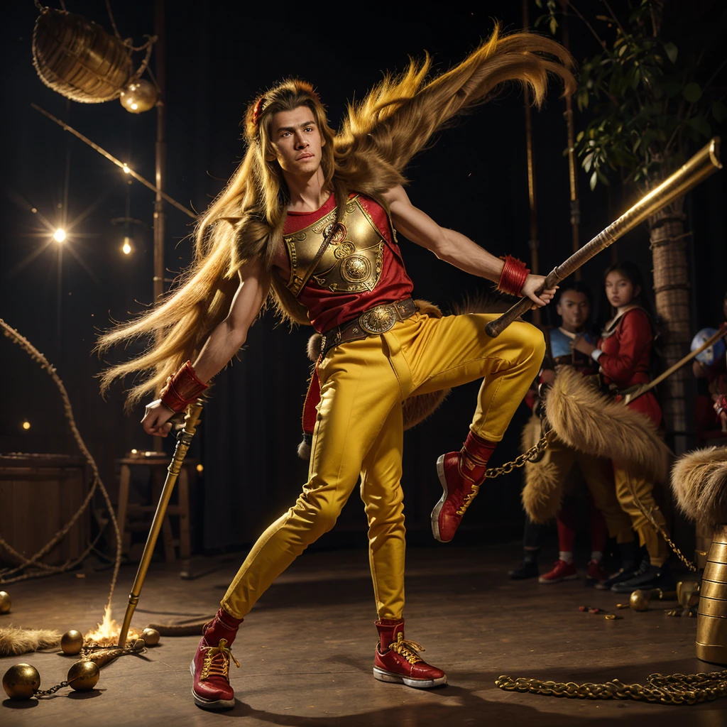 a magical wukong monkey with a handsome teenage face, long yellow hair, soft fur like a monkey, standing flying and attacking the enemy, red pants, black shoes, holding a long golden stick，Wearing chain mail，Combat posture，tmasterpiece，ultraclear，UHD,extreme hight detail，Background bokeh ，Red capes flutter