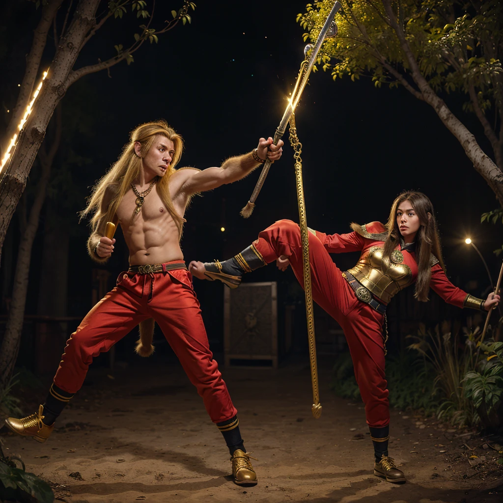 a magical wukong monkey with a handsome teenage face, long yellow hair, soft fur like a monkey, standing flying and attacking the enemy, red pants, black shoes, holding a long golden stick，Wearing chain mail，Combat posture，tmasterpiece，ultraclear，UHD,extreme hight detail，Background bokeh ，Red capes flutter
