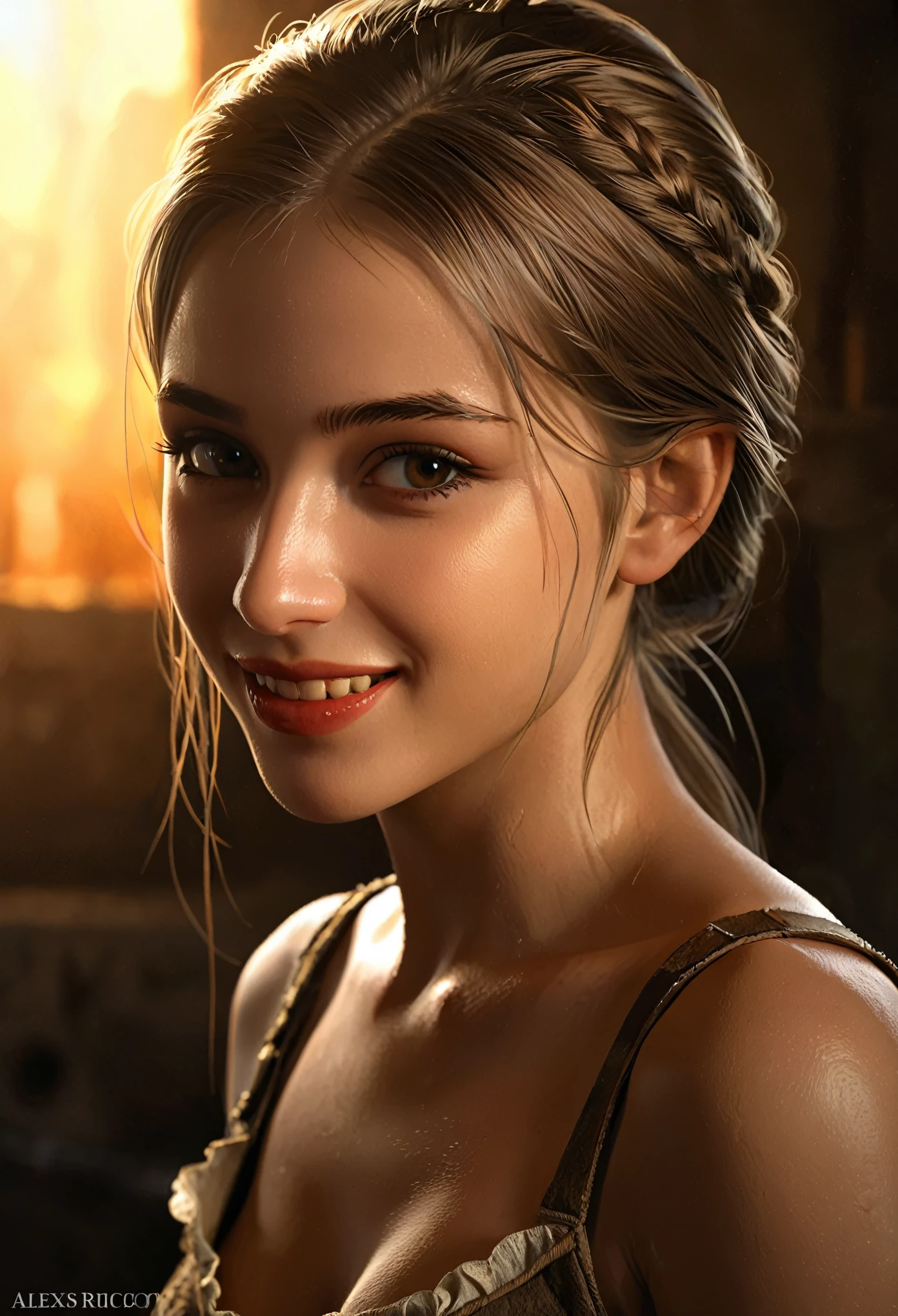 Style by Style Style Crypt Award winner, Spectacular oil painting of a beautiful medieval peasant girl, 15yo, (seductive expression:1.2), erotic espression, an ominous, evil, (Backlight:1.3), Digital Painting, concept art, Smooth, Sharp focus, Three-part method, Dark fantasy,Intricate details, art:Alexis Briclot, Medium Shot, (Shallow depth of field:1.3), grin seductively, She is in sexual climax. erotic, sexy, seductive, moistskin, hyper detailed skin texture,