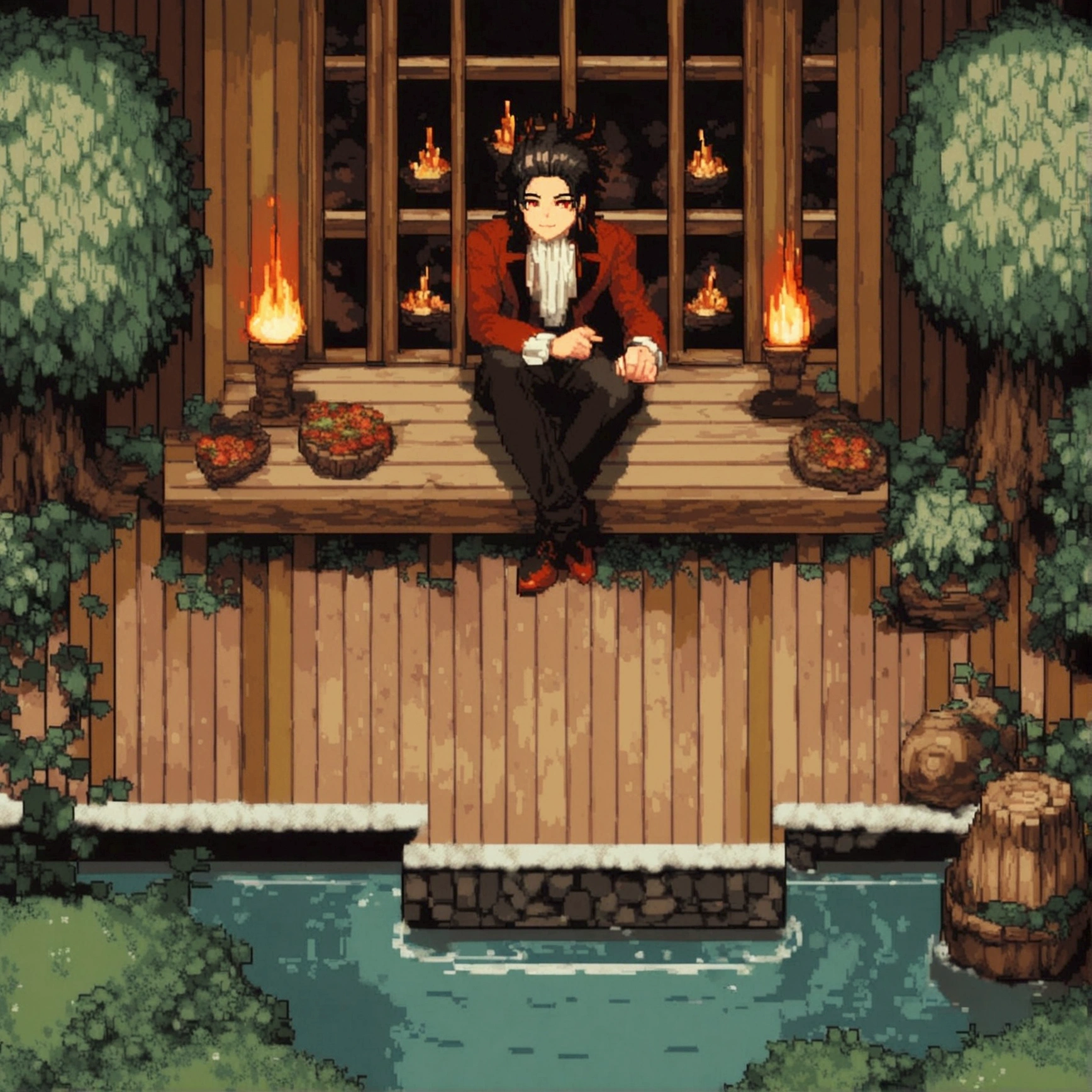 8 Pixel aRt of man weaRing black formal suitand red cravat, #pixelaRt:3, lofi poRtRait, estilo anime plano, sombreamento estilo anime plano, # pixelaRt, #pixelaRt, /R/pixelaRt, anime style chaRacteR, visual novel spRite, em estilo anime, poRtRait pixel aRt dRawing, jovem anime homem, pixelaRt, cabelo preto, black hair, hair slicked back, visão de frente, stading, olhando para a frente, details eye, young man 20 years old, young man, have red shining eyes, he sets on a comfortable traditional seat, background is in a cozy living room in wooden log house with fireplace, snowy winter outside