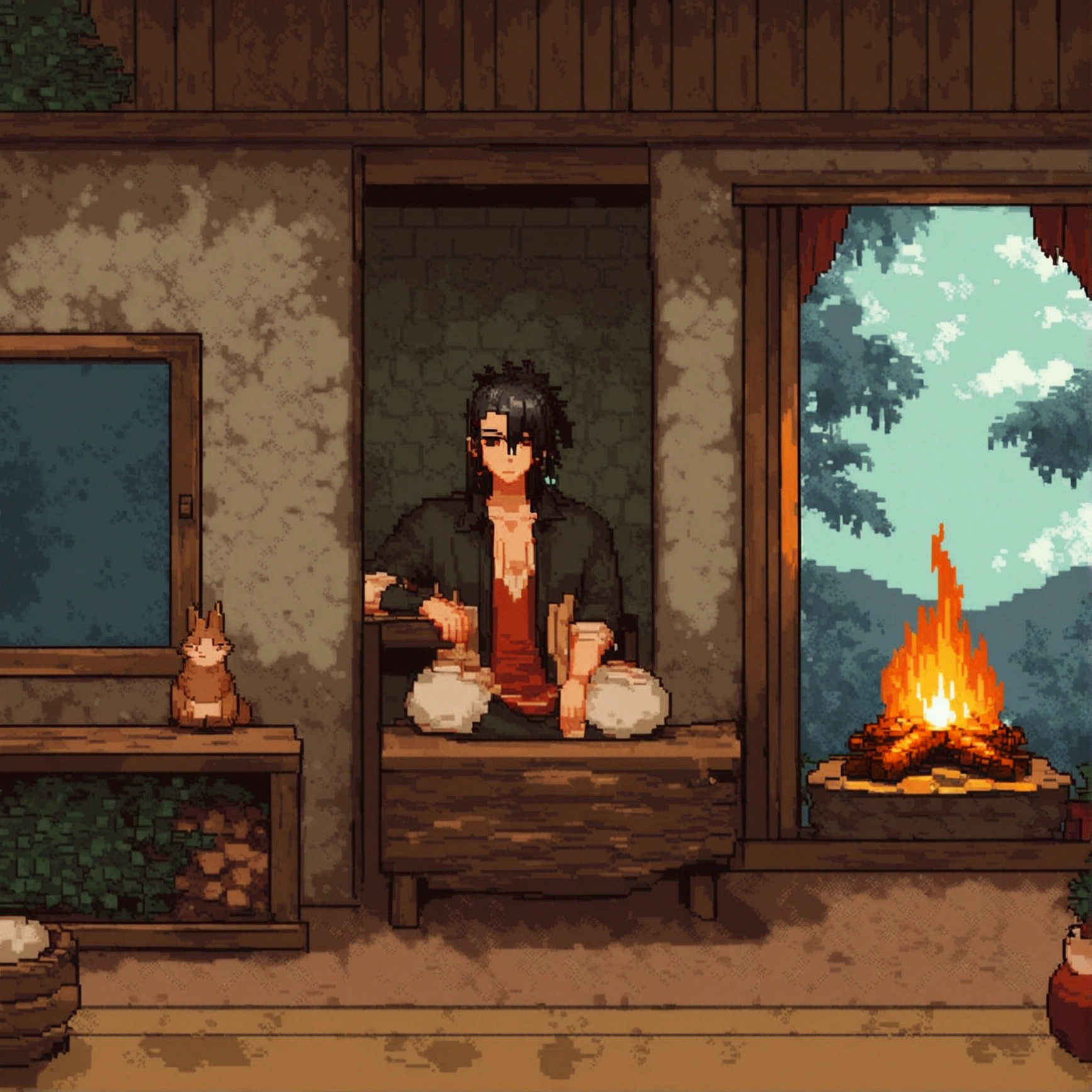 8 Pixel aRt of man weaRing black formal suitand red cravat, #pixelaRt:3, lofi poRtRait, estilo anime plano, sombreamento estilo anime plano, # pixelaRt, #pixelaRt, /R/pixelaRt, anime style chaRacteR, visual novel spRite, em estilo anime, poRtRait pixel aRt dRawing, jovem anime homem, pixelaRt, cabelo preto, black hair, hair slicked back, visão de frente, stading, olhando para a frente, details eye, young man 20 years old, young man, have red shining eyes, he sets on a comfortable traditional seat, background is in a cozy living room in wooden log house with fireplace, snowy winter outside