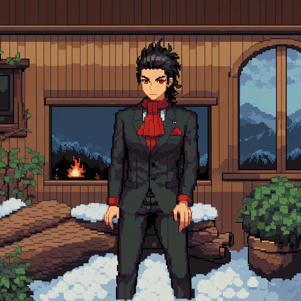 8 Pixel aRt of man weaRing black formal suitand red cravat, #pixelaRt:3, lofi poRtRait, estilo anime plano, sombreamento estilo anime plano, # pixelaRt, #pixelaRt, /R/pixelaRt, anime style chaRacteR, visual novel spRite, em estilo anime, poRtRait pixel aRt dRawing, jovem anime homem, pixelaRt, cabelo preto, black hair, hair slicked back, visão de frente, stading, olhando para a frente, details eye, young man 20 years old, young man, have red shining eyes, he sets on a comfortable traditional seat, background is in a cozy living room in wooden log house with fireplace, snowy winter outside