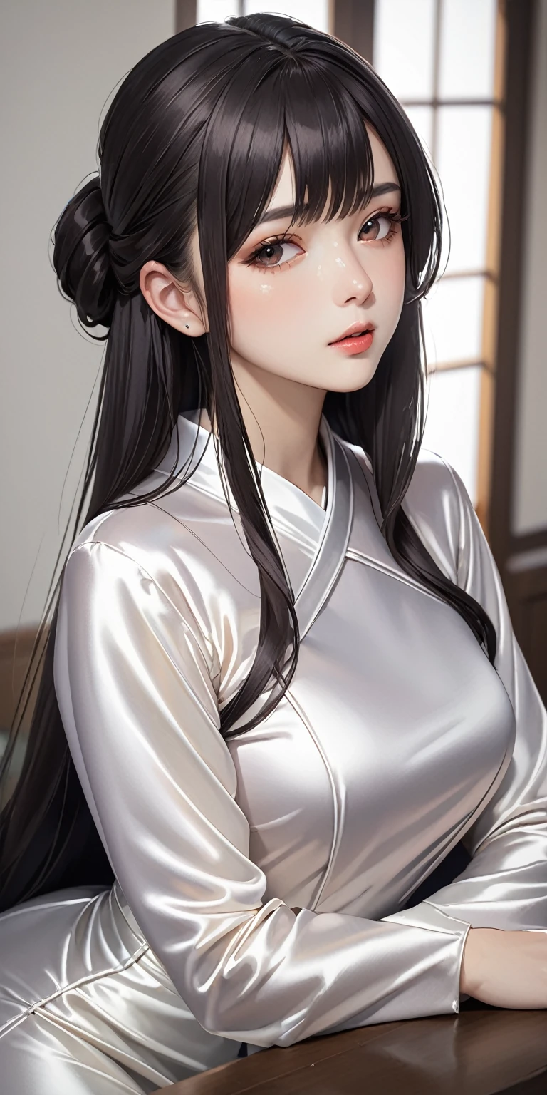 Portraiture、(masterpiece,Highest quality,Ultra-high resolution),Japanese women, (((Very beautiful 25 year old girl))),She is wearing a long-sleeved dress made of shiny satin fabric.、The dress has a simple design and doesn&#39;t reveal any bare skin.