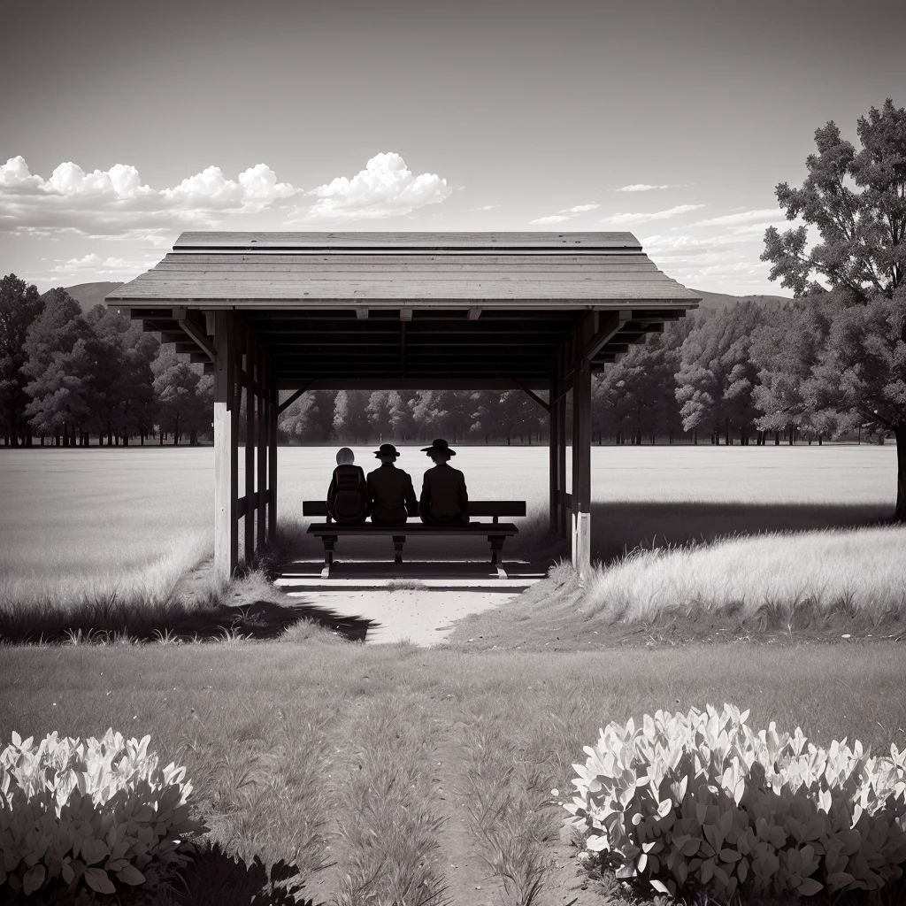 there is a bench sitting under a tree in a field, bench, benches, inspired by Dorothea Lange, in the distance, shot with a canon 20mm lens, seen from far away, black and white color photograph, from the distance, portrait, shot on leica sl2, field of dreams, sitting on bench, rural splendor, jamie hewlet, distant shot