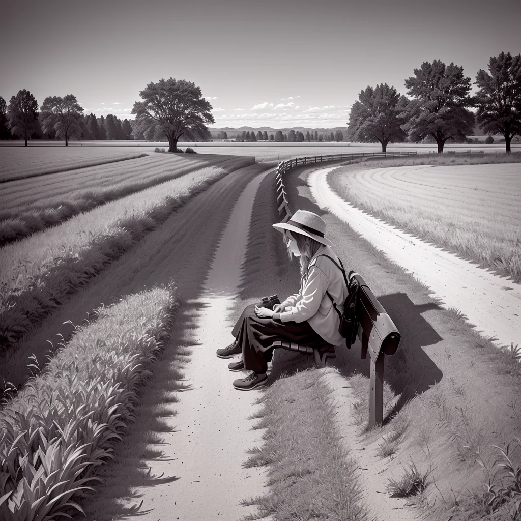 there is a bench sitting under a tree in a field, bench, benches, inspired by Dorothea Lange, in the distance, shot with a canon 20mm lens, seen from far away, black and white color photograph, from the distance, portrait, shot on leica sl2, field of dreams, sitting on bench, rural splendor, jamie hewlet, distant shot