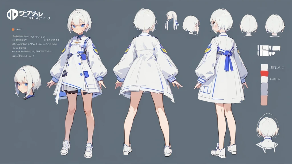 cute girl in a short gaming dress , short hairs, , full straight standing pose, student, Character Sheet, Full body, Simple white background, character reference sheet, Concept art, design sheet, HD, 4k