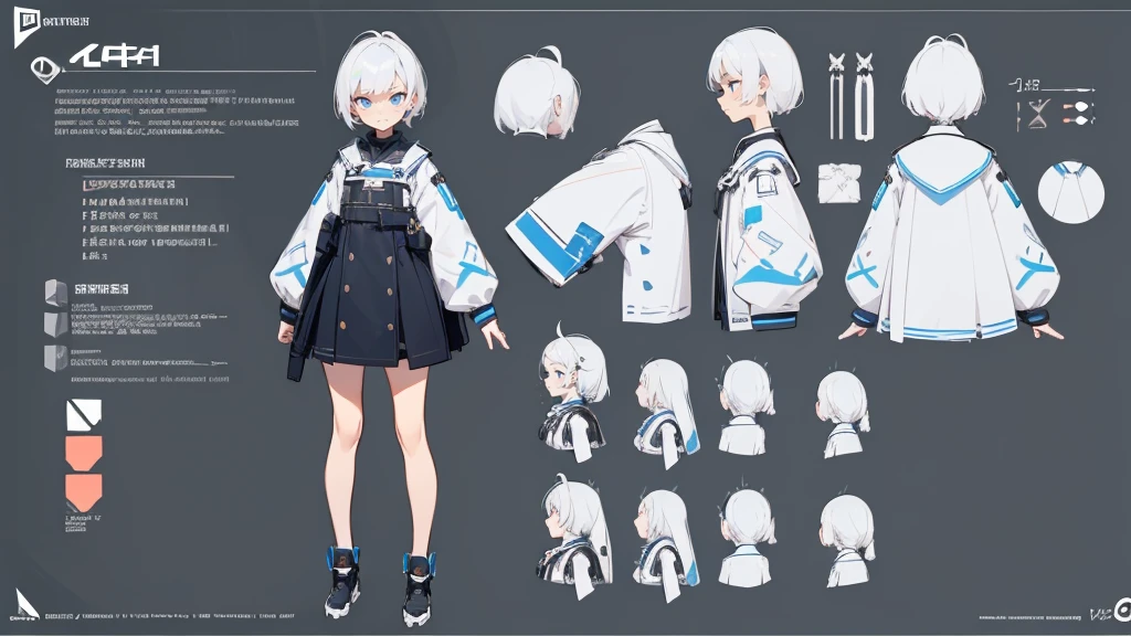 cute girl in a short gaming dress ,  short hairs, , full straight standing pose, 14yo student, Character Sheet, Full body, Simple white background, character reference sheet, Concept art, design sheet, HD, 4k