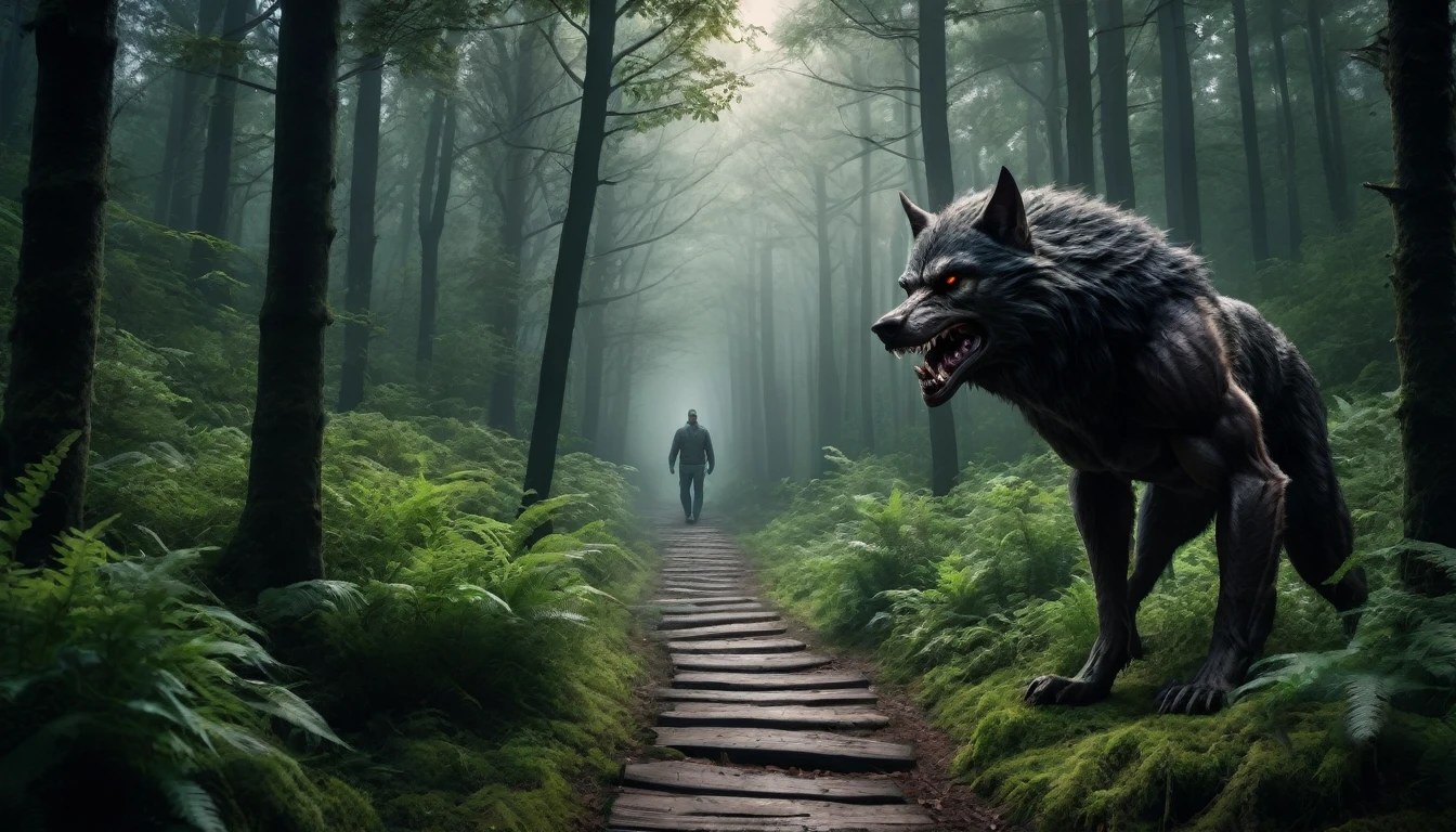 Scary horror image. of a path was long and surrounded by a dense forest.with an image of a fit man,werewolf, PICTURE REALISTIC, high resolution, 8k