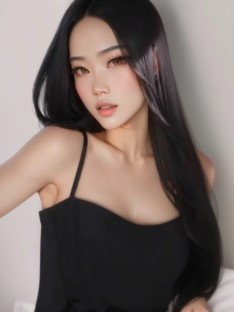 a close up of a woman in a black dress posing for a picture, gorgeous chinese model, gorgeous young korean woman, asian girl with long hair, yun ling, xintong chen, beautiful south korean woman, female with long black hair, wenfei ye, sha xi, li zixin, xision wu, xianxia, long thin black hair, jisoo blackpink, blackpink