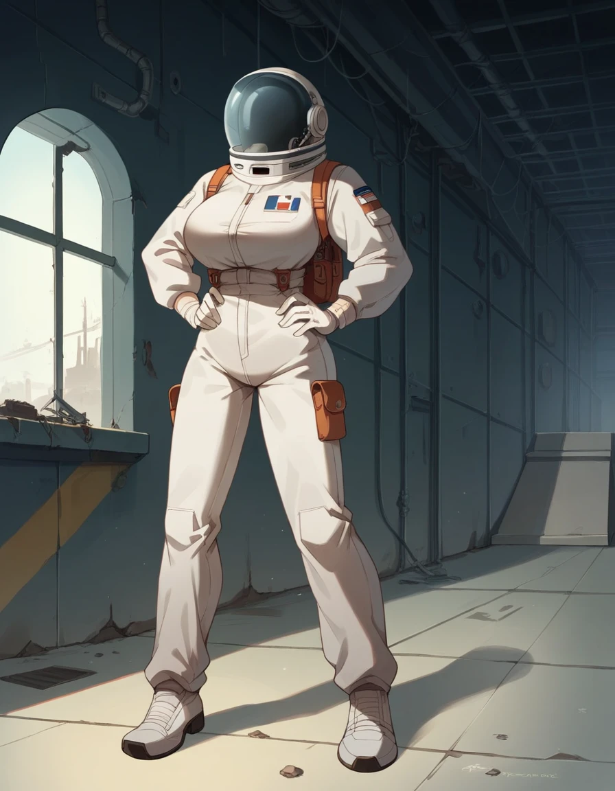 Masterpiece, best quality, Masterpiece, best quality, 1 woman, astronaut suit , wear a hat , big breasts , abdomen , Long legs , Put your hands on your hips... , shoe , full body , abandoned factory , at night