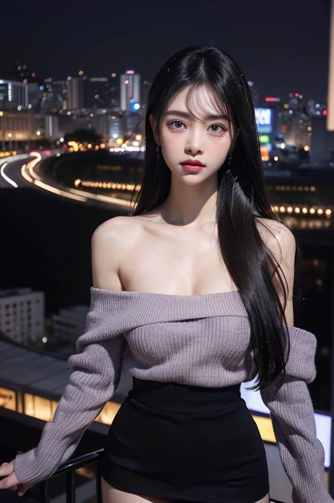 4k ultra high definition、best quality, masterpiece, Ultra-high resolution, (Reality: 1.4), 1 girl, Purple Eyes, Off-the-shoulder sweater dress, Light、purple and black hair、(My girl、My cosmetics)、(Danteidong、Large Breasts、Oversized off-the-shoulder black T-shirt、Dark miniskirt)、((Dark Makeup、Oily skin,Light skin、Realistic skin texture、Delicate and beautiful skin、Light and radiant skin)), Dark city center at night、Kabukicho、Dark Cyberpunk、(panoramic:1.8), nsfw, nude, pussy
