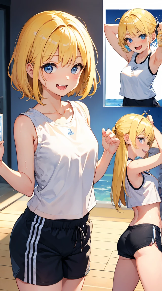 blonde、blue eyes、Double teeth、smile、Open、Shorts、yoga、Sweat、dye'cheek、Burn、hot、femdom,diaper,Diaper change