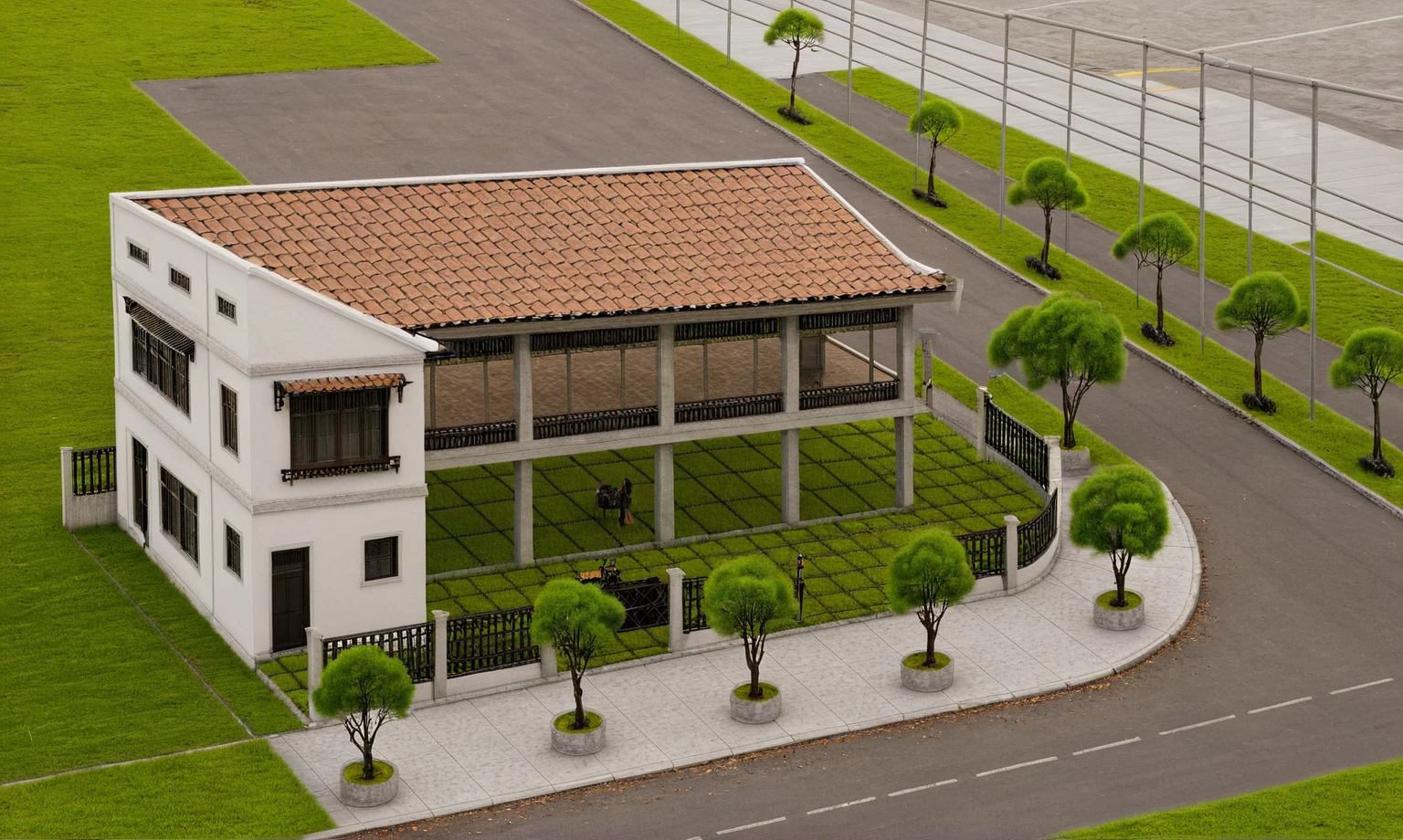 Raw photo,Masterpiece, high quality, best quality, authentic, super detail,
exterior, outdoors, house style indochine on the street ,aiaigroup
road,pavement, grass, trees, sky, cloud, (day:1.1), aerial perspective, street, landscape, sunrise