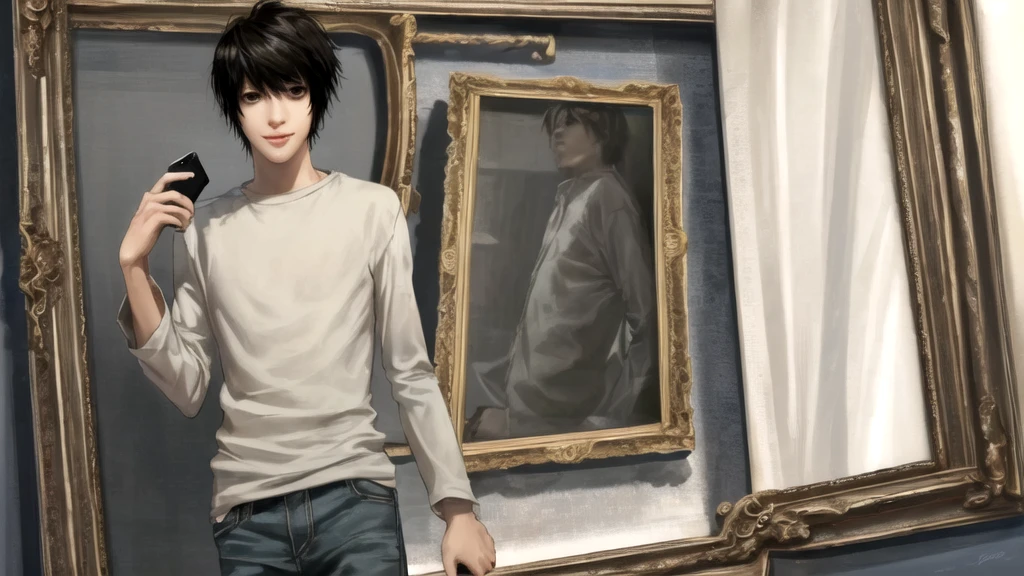 1 boy, man, perfect anatomy, mesmerizing black eyes, 8k resolution, (one person), (realism: 1.2), (masterpiece: 1.2), (cowboy frame: 1.2), dark romantic lighting, (high detail: 1.2), (detailed face: 1.2), (gradients), bright detailed eyes, (natural light: 1.2), solo, indoors, perfect lighting, perfect facial features, perfect angle, perfectly drawn eyes, man, smile, skinny, holds the phone in his hand