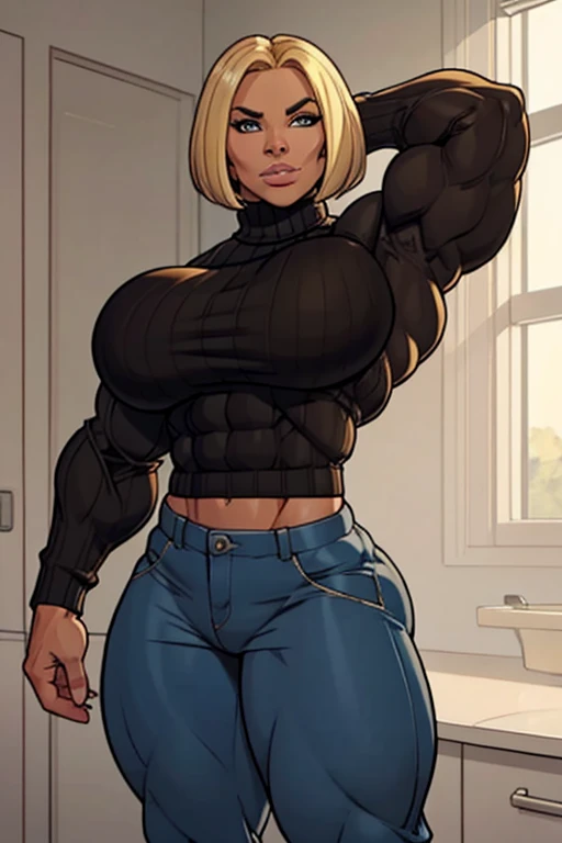 coloured sketch, beautiful woman, blonde bob haircut, turtleneck sweater, long baggy pants, strong well defined muscle, bulky powerful bodybuilder physique, massive muscular arms, perfect and flawless musculature, great muscle definition, perfect muscular body, massive muscular thighs, female muscle juggernaut