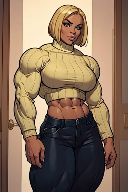 coloured sketch, beautiful woman, blonde bob haircut, turtleneck sweater, long baggy pants, strong well defined muscle, bulky powerful bodybuilder physique, massive muscular arms, perfect and flawless musculature, great muscle definition, perfect muscular body, massive muscular thighs, female muscle juggernaut