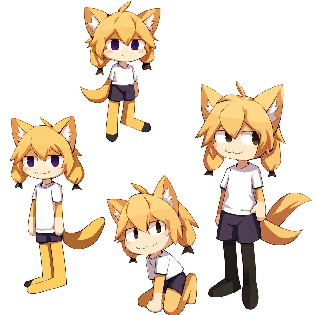 necoarc, whole body, 1 boy, :3, whole body, chibi, catboy, standing alone, shorth hair, twintails, don, white shirt, dark purple shorts, White background, 2d, animated cartoon, hair blonde.