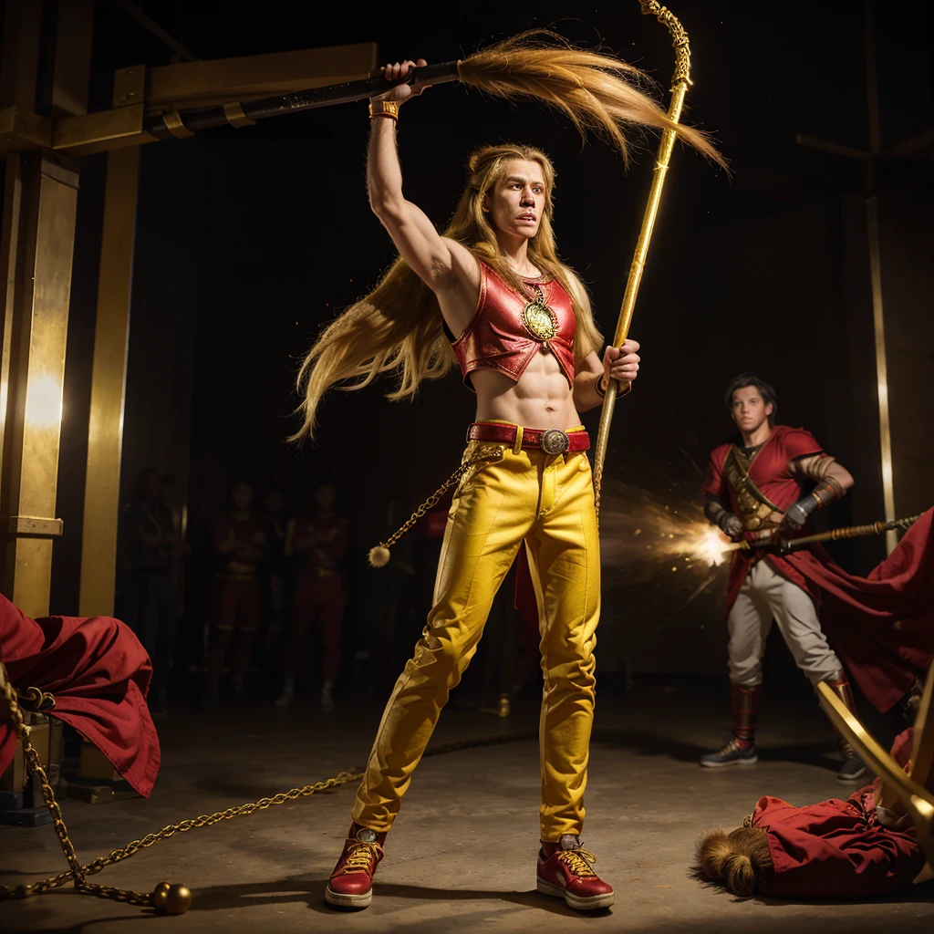 a magical wukong monkey with a handsome teenage face, long yellow hair, soft fur like a monkey, standing flying and attacking the enemy, red pants, black shoes, holding a long golden stick,Wearing chain mail,Combat posture,tmasterpiece,ultraclear,UHD,extreme hight detail,Background bokeh ,Red capes flutter