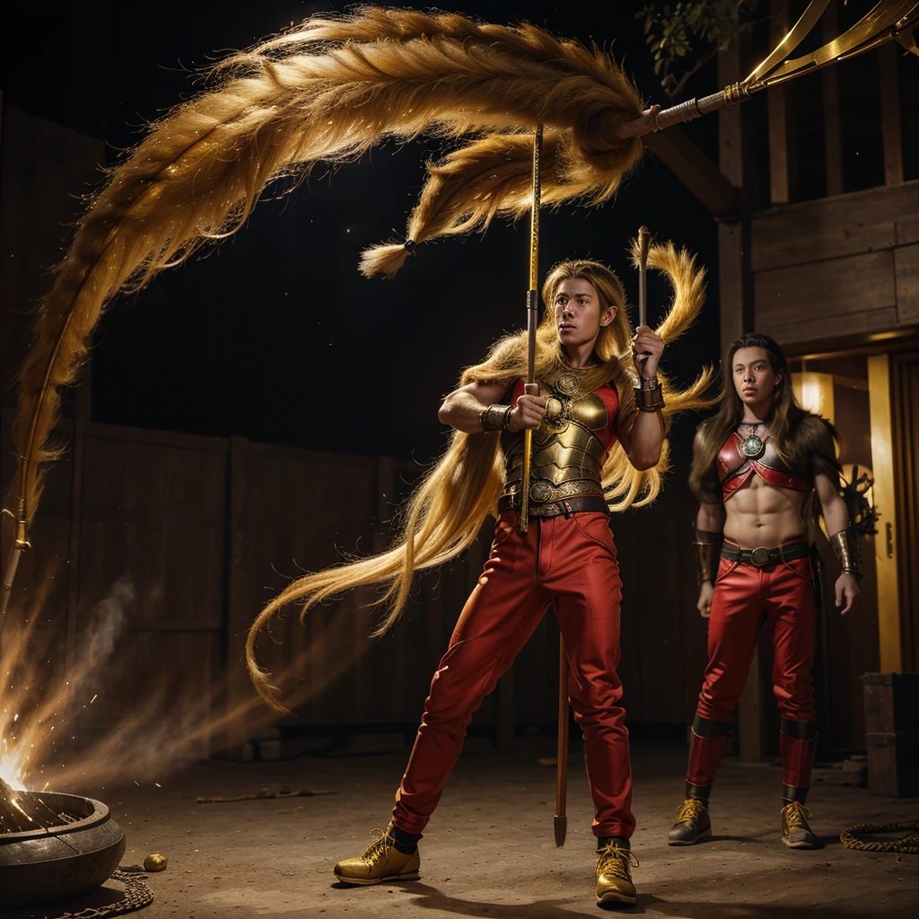 a magical wukong monkey with a handsome teenage face, long yellow hair, soft fur like a monkey, standing flying and attacking the enemy, red pants, black shoes, holding a long golden stick,Wearing chain mail,Combat posture,tmasterpiece,ultraclear,UHD,extreme hight detail,Background bokeh ,Red capes flutter