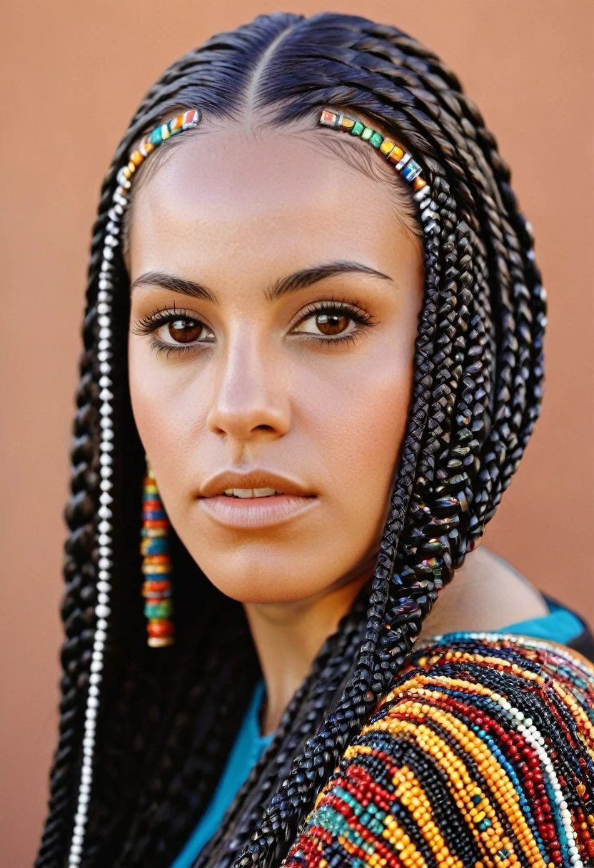 a woman's head. Her hair is in cornrows, geometric pattern, with coloured beads. Dark hair, long hair. patterned. front view, showing her face. Moroccan North African influence