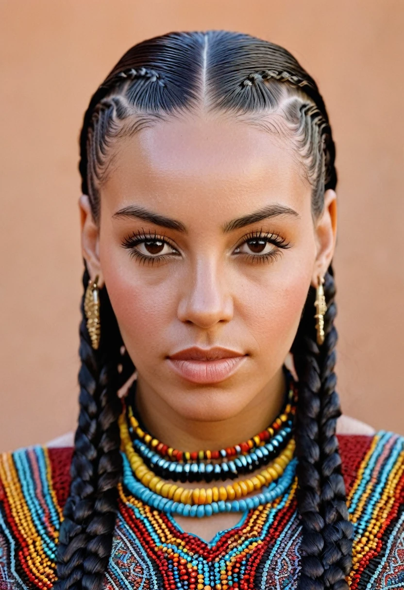 a woman's head. Her hair is in cornrows, geometric pattern, with coloured beads. Dark hair, long hair. patterned. front view, showing her face. Moroccan North African influence
