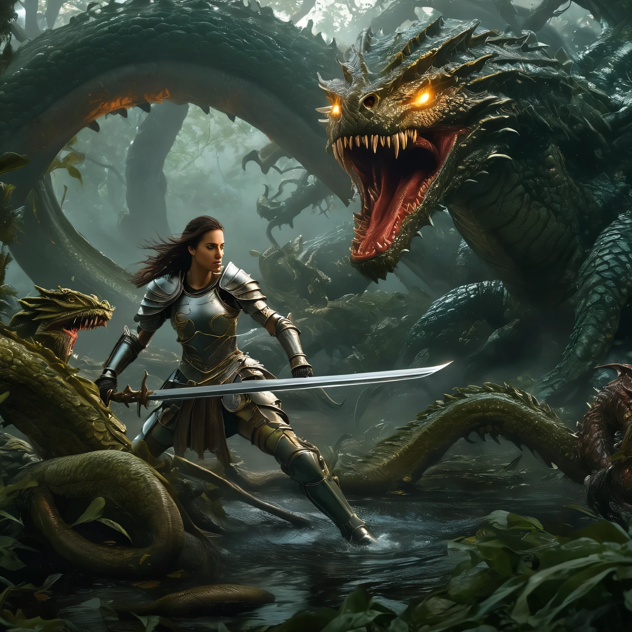 a beautiful female knight battling a multi-headed hydra monster, highly detailed, fantasy, epic battle scene, a swamp, in a dark forest, hyper realistic, dramatic lighting, cinematic, 8k, artstation, concept art, digital painting, award winning, The hydra is breathing poison. It is two meters tall, Powerful battling