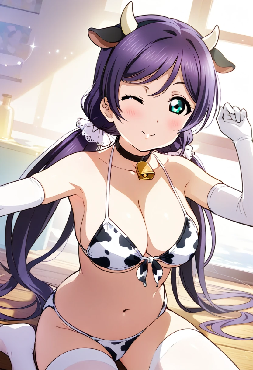 (masterpiece),(best quality),(ultra-detailed),(best illustration),(best shadow),(absurdres),(detailed background),(very aesthetic), Nozomi Tojo, 1girl, solo, purple hair, long hair, swept bangs, low-twintails, cow ears, cow horns, aqua eyes, one eye closed, closed mouth, bell choker, collarbone, bare shoulders, armpits, arms up, large breasts, cleavage, underboob, white cow print front-tie halter bikini top, white cow print elbow gloves, navel, white cow print string bikini bottom, skindentation, white cow print thighhighs, looking at viewer, sitting, simple background, white background, cowboy shot, 