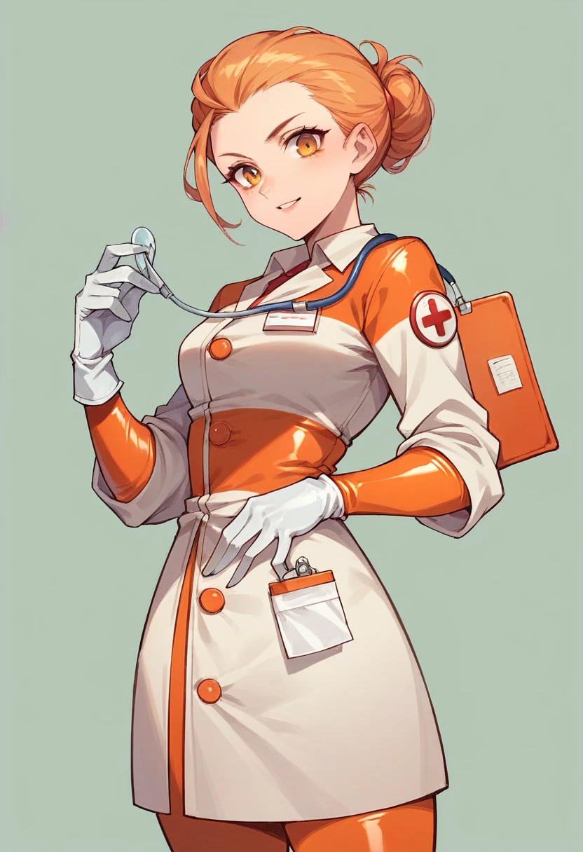 1girl, ((white gloves)), ((surgical gloves)), ((latex gloves)), ((long sleeves)) ((orange surgeon outfit)), looking at viewer, ((orange doctor outfit)), standing, solo