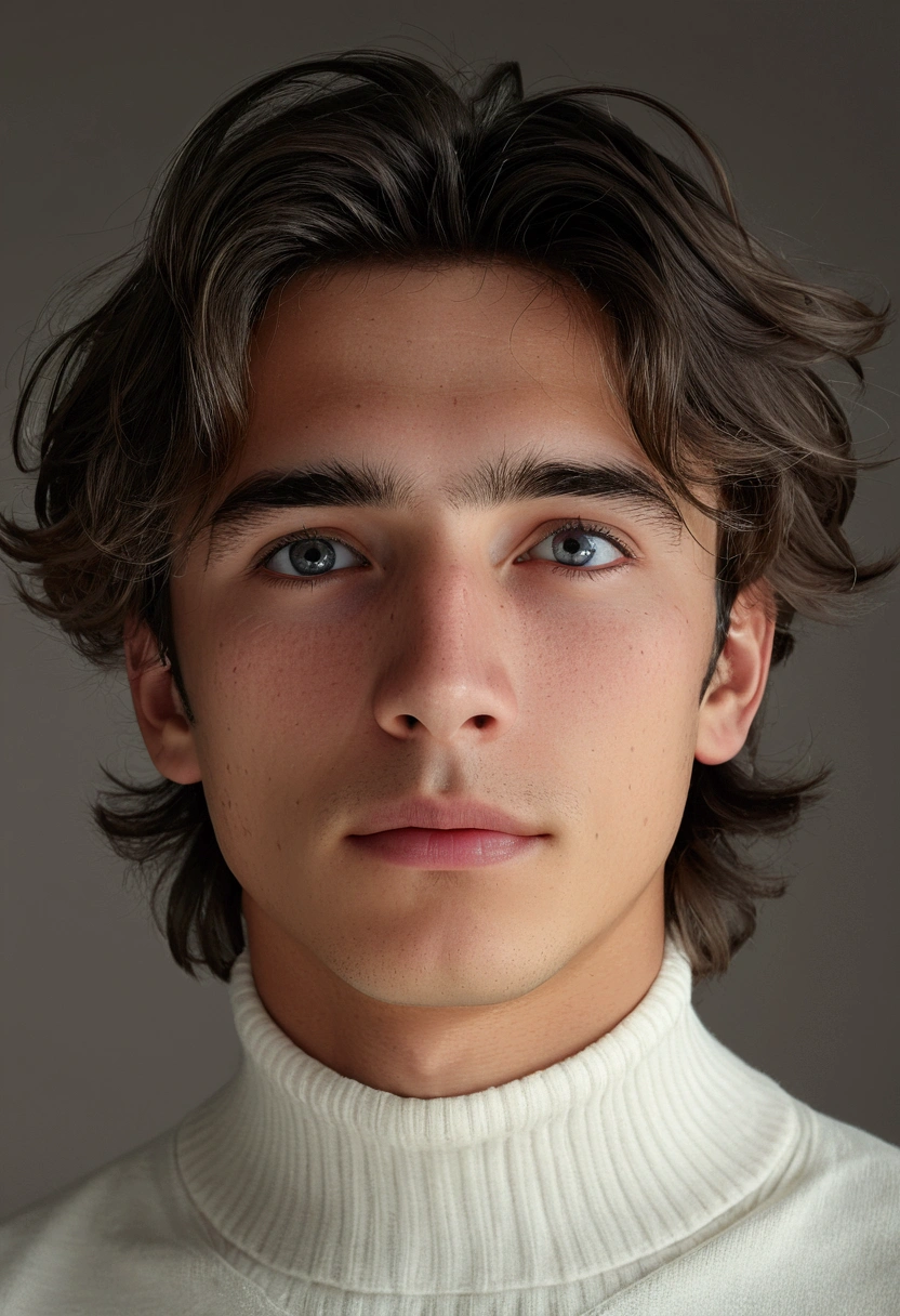 (best quality,4k,8k,highres,masterpiece:1.2),ultra-detailed,realistic,portrait,beautiful young man of 14 years old,black disheveled hair,black eyes,long eyelashes,cute face,white turtleneck