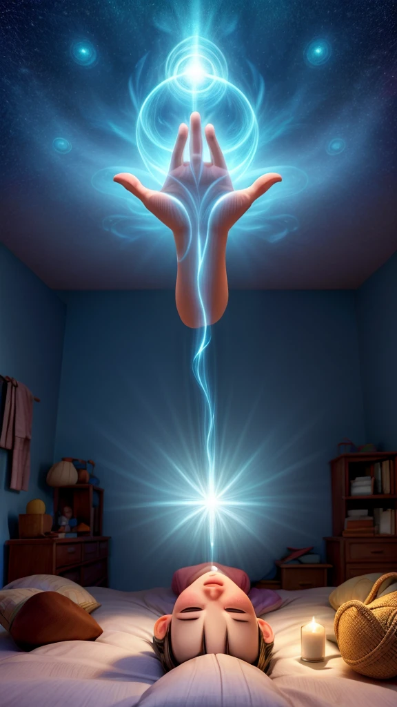 a person unfolding in their room, with energy coming out of their hands, body spiritually sleeping, extraphysical bilocation, transcendental energy, body in astral projection, magical energy, mystical energy

