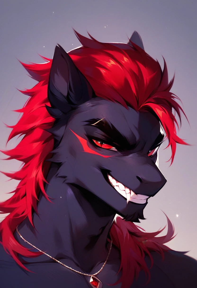 Male Pony, Anthro, Black Body, Red Mane , Red eyes, evil grin