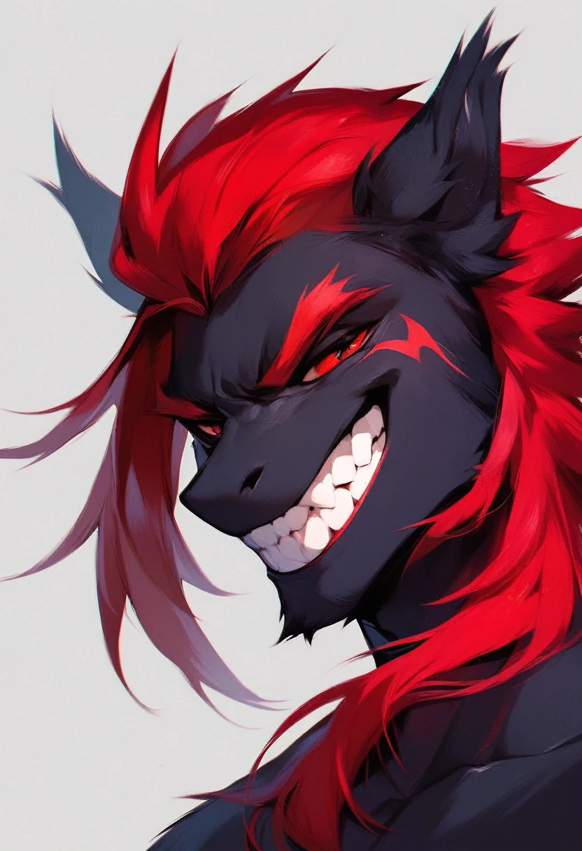 Male Pony, Anthro, Black Body, Red Mane , Red eyes, evil grin