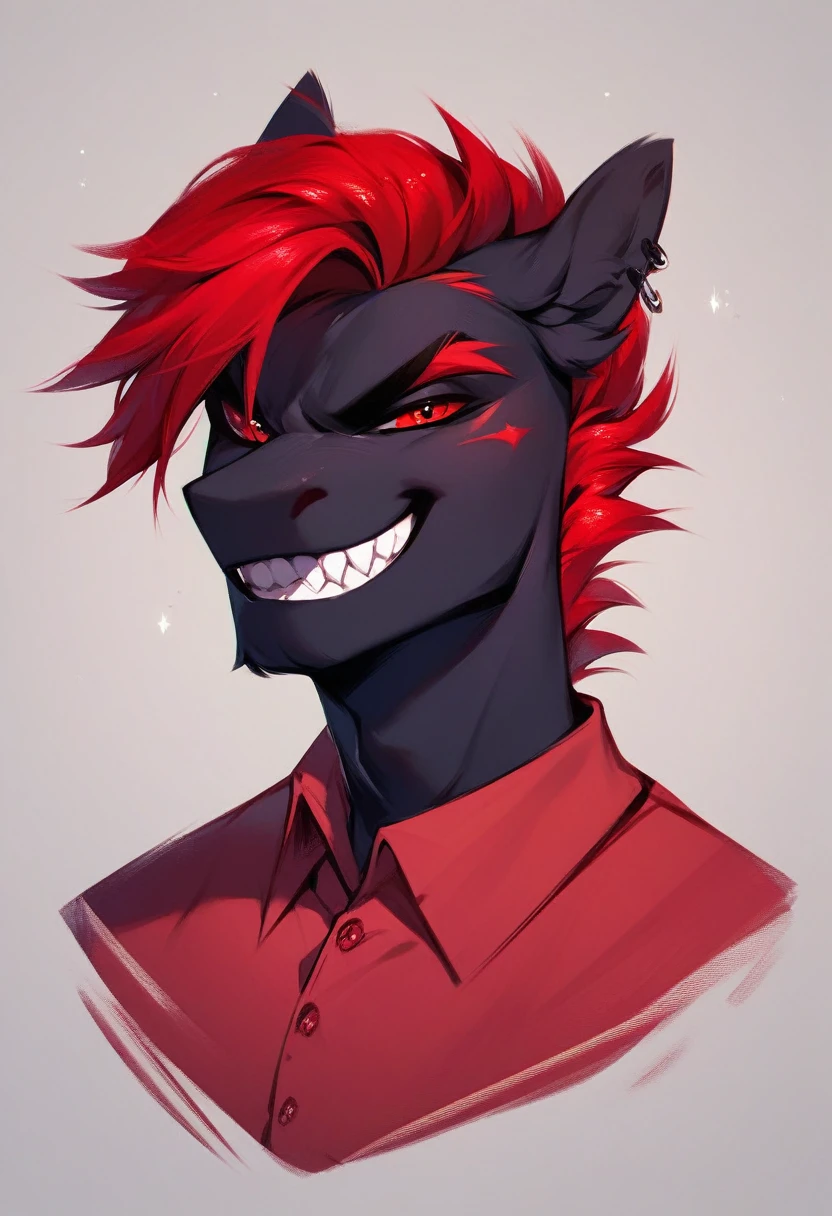 Male Pony, Anthro, Black Body, Red Mane , Red eyes, evil grin