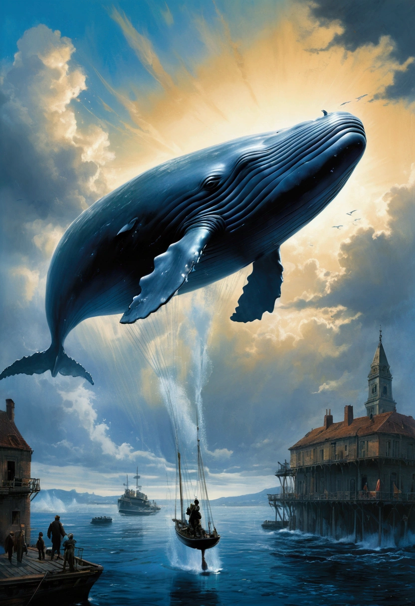 Flying Whale, sky, by Lisa_Frank, cinematic still, (best quality, masterpiece), very aesthetic, perfect composition, intricate details, ultra-detailed, vivid colors