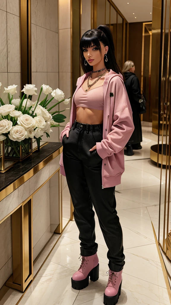 Alisha Lehmann skinny sexy model, black hair with Chinese bangs She is wearing an oversized pink hoodie oversized big sylish t-shirt with big oversized denim jacket street wear tendy wear hands in pockets and big baggy oversized pink sweatpants se has small sexy breasts ankle boots heels sexy skinny thighs,full body view,luxuy hotel lobby hooves earrings, necklace chain,no tattoo walking , big hooves earrings, facing the camera full body view hands in pockets all fingers in pockets oversized high waist baggy pants pullover top, luxury hotel lobby with stylish luxury coach, flower vase both hands in pockets
