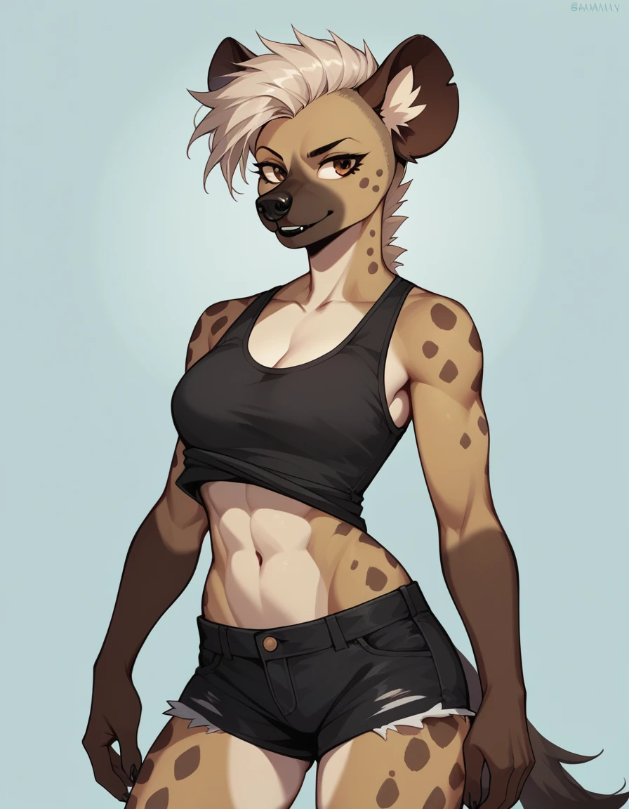 Solo, score_9,score_8_up,score_7_up, score_6_up, source_anime, Trisha, a tall female spotted hyena, brown snout, black nose, brown eyes, short spiked undercut platinum blonde hair, black lips, hyena tail, brown hyena ears, wearing black tank top, black shorts, lifting her shirt, bashful smile, toned body, 