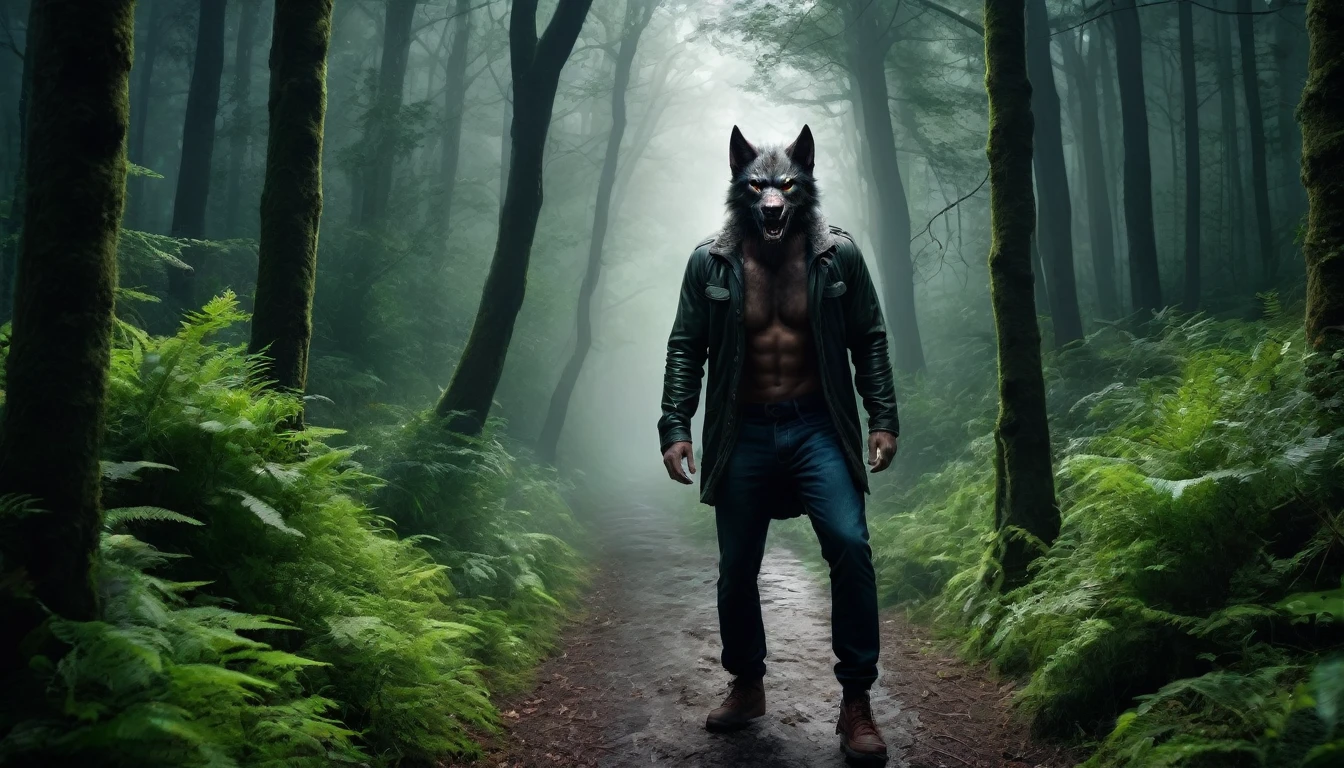 Scary horror image. of a path was long and surrounded by a dense forest.with an image of a fit man,werewolf, PICTURE REALISTIC, high resolution, 8k